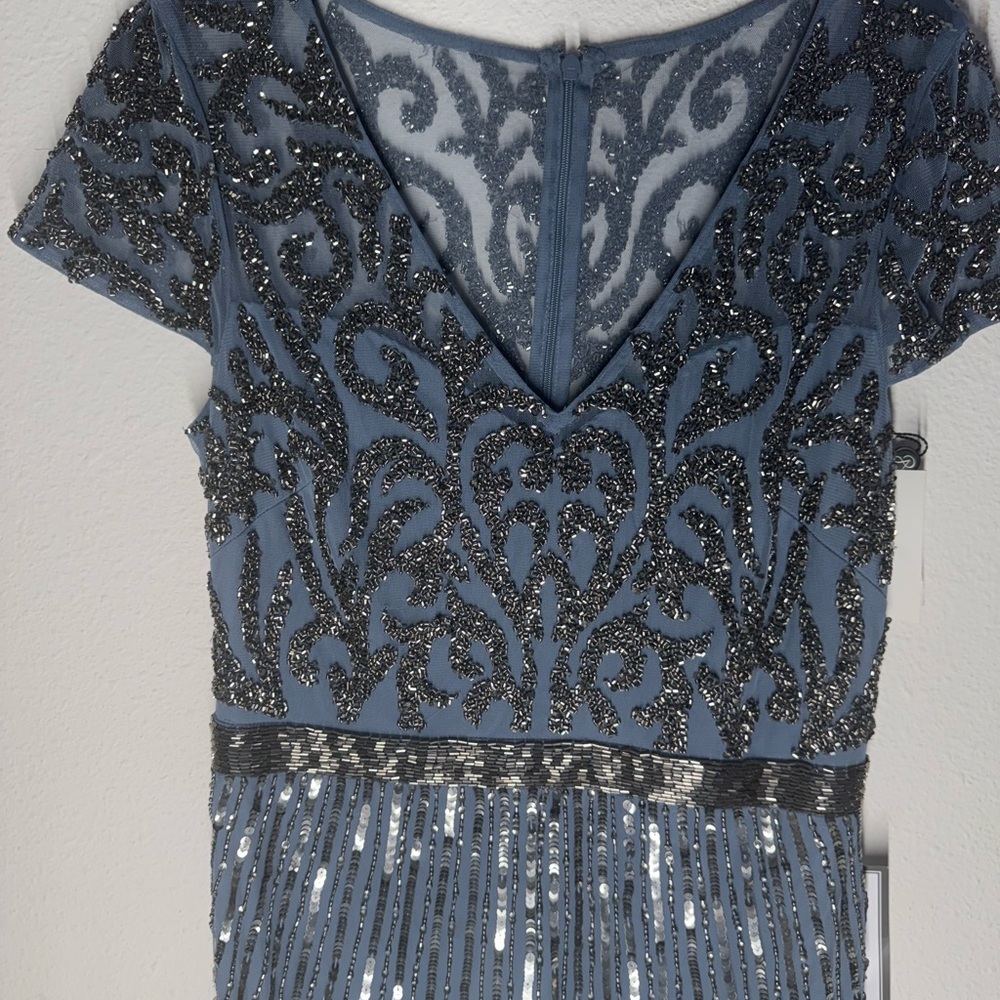 Formal long dress , beautiful blue color w/ shiny dark gray beading, I love offr